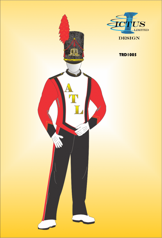 Ictus Red. White, Black Marching Band Uniform